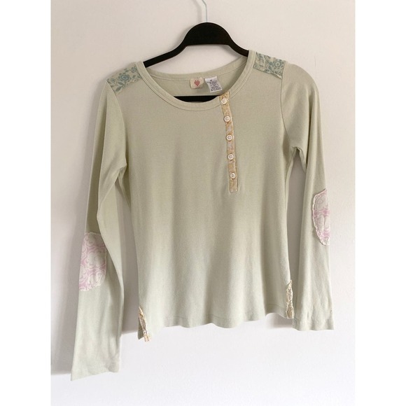 Anthropologie Women's Top Off Center Buttons Silk Patches Pale Sage Cotton - Picture 1 of 7